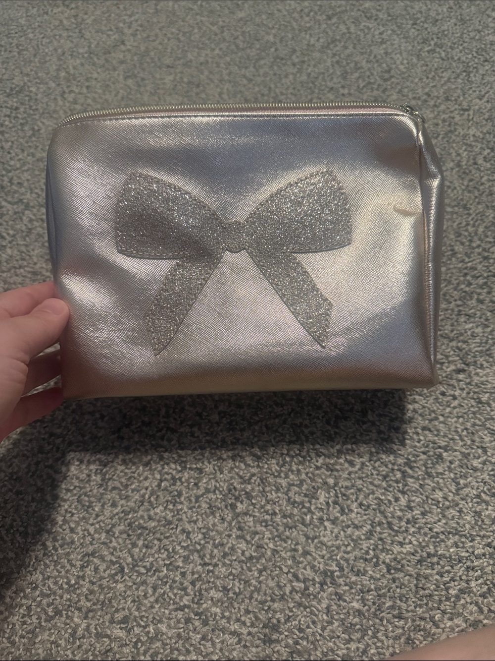 Sparkle Bow Metallic Cosmetic Pouch - Silver